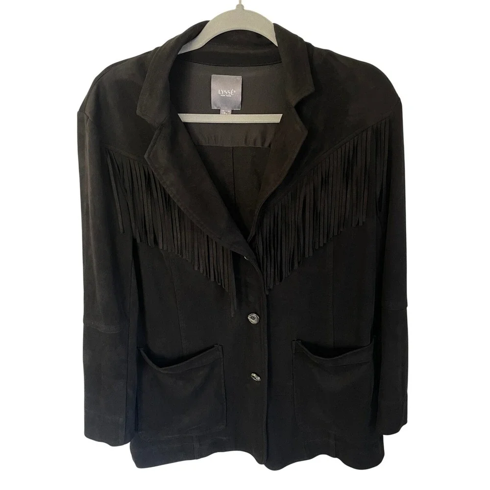 Lysse‎ New York Womens Black Faux Suede Fringe Boho Western Blazer Jacket Size M